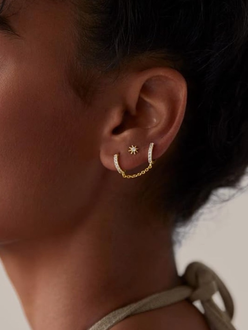 Anthropologie Gold Plated Chain Hoop Earrings with CZ Accents